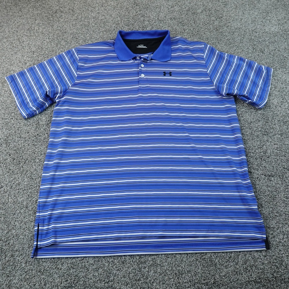 Under Armour Polo Shirt Mens 2XL Blue Striped Short Sleeve Golf Performance Top